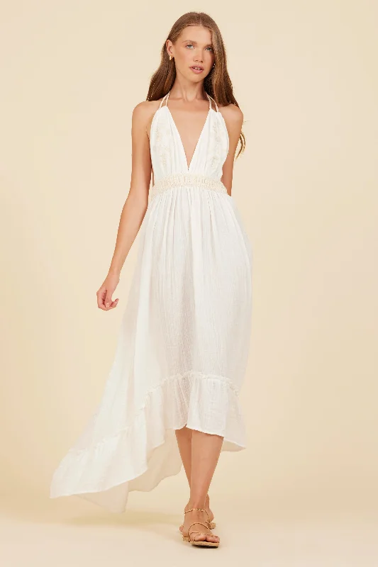 White & Natural Gauze Embroidered Halter Maxi Dress Fashionable Faux Wrap Maxi Dress White & Natural Gauze Embroidered Halter Maxi Dress Fashionable Faux Wrap Maxi Dress