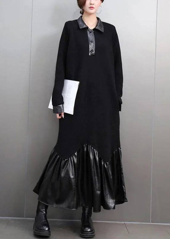 Women Black Peter Pan Collar Patchwork Button Maxi Dresses Spring Comfortable Bohemian Maxi Dress Women Black Peter Pan Collar Patchwork Button Maxi Dresses Spring Comfortable Bohemian Maxi Dress