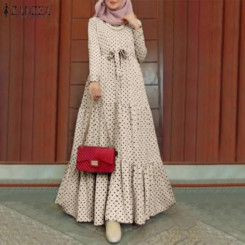 ZANZEA Women Polka Dot Long Sleeve Dress / Stylish Belts Party Robe Loose Maxi Dress Abaya Hijab Stylish Maxi Dress with Frills ZANZEA Women Polka Dot Long Sleeve Dress / Stylish Belts Party Robe Loose Maxi Dress Abaya Hijab Stylish Maxi Dress with Frills