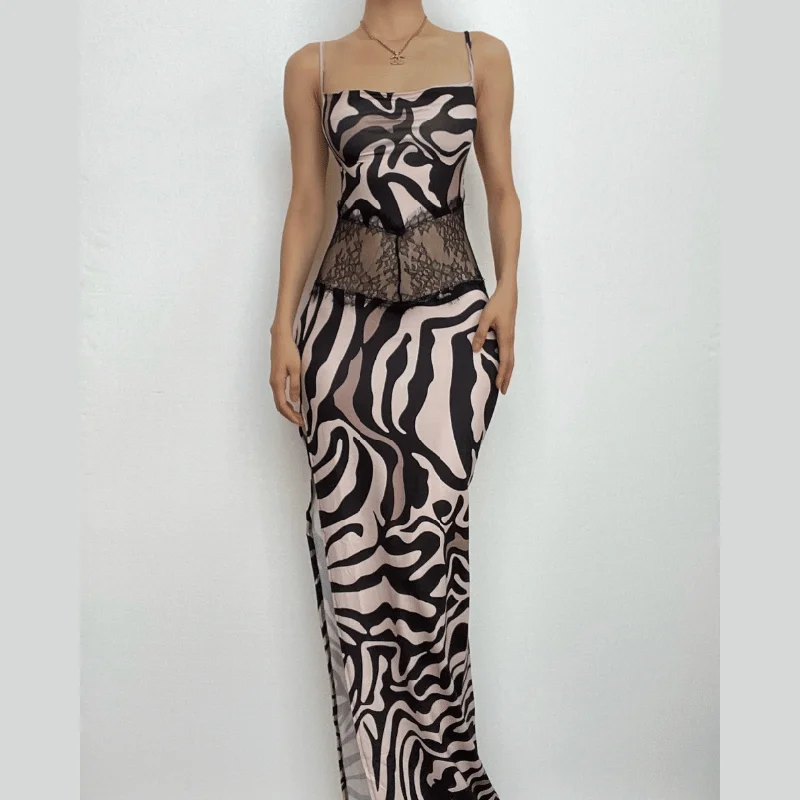Zebra print hollow out contrast cross back slit backless cut out maxi dress Trendy Short Sleeve Maxi Dress