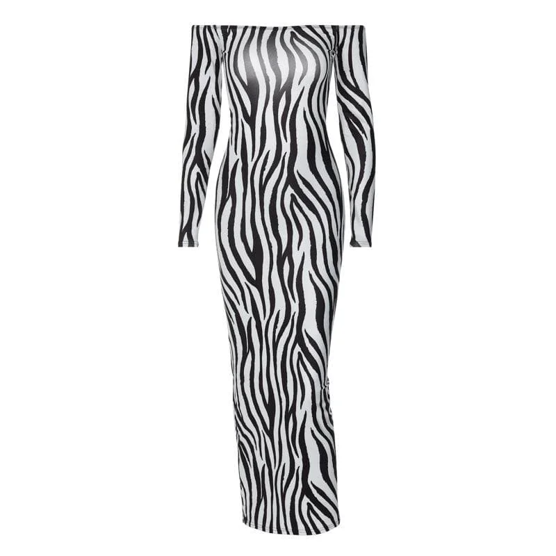 Zebra print off shoulder long sleeve contrast maxi dress Fashionable Asymmetrical Maxi Dress Zebra print off shoulder long sleeve contrast maxi dress Fashionable Asymmetrical Maxi Dress