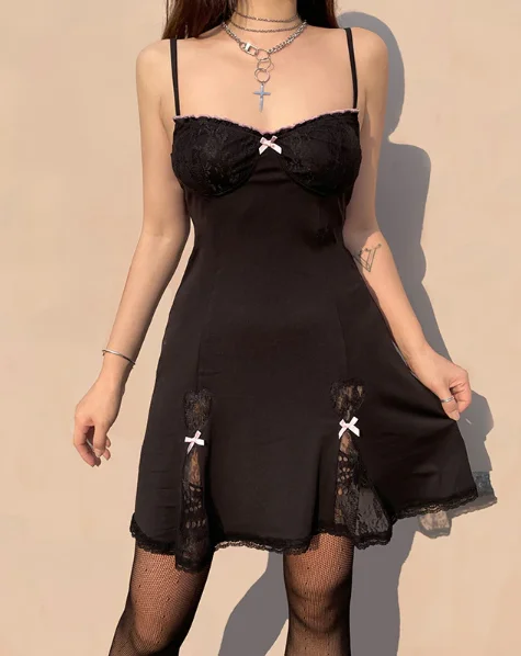 Summer Lace Patchwork Strap Bow Black Dress