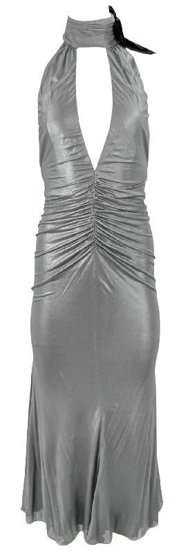 Alessandra Rich Laminated Jersey Evening Halter Dress in Silver