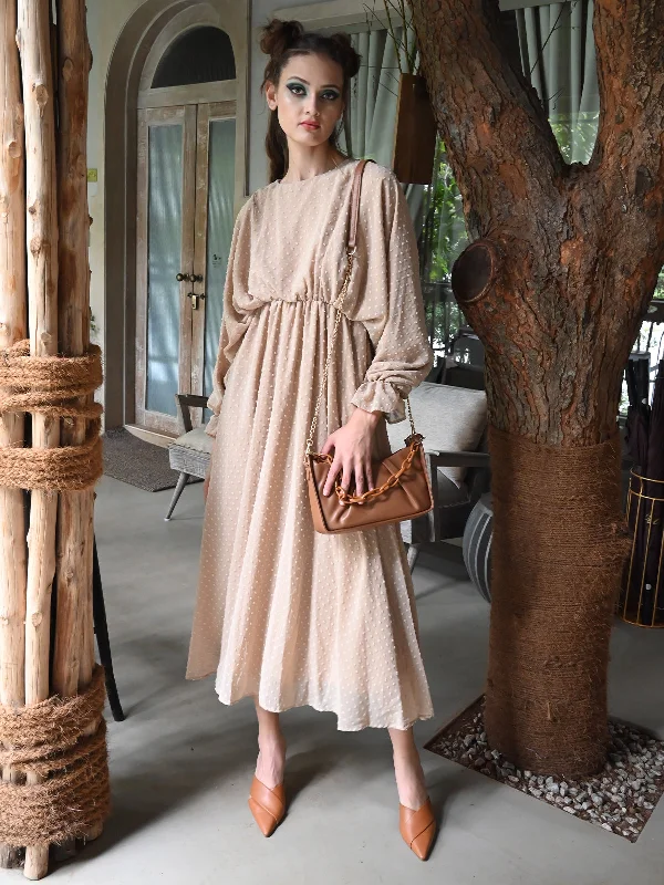 Odette Women Beige Polyester Voil With Dobby Gathered Stitched Dress