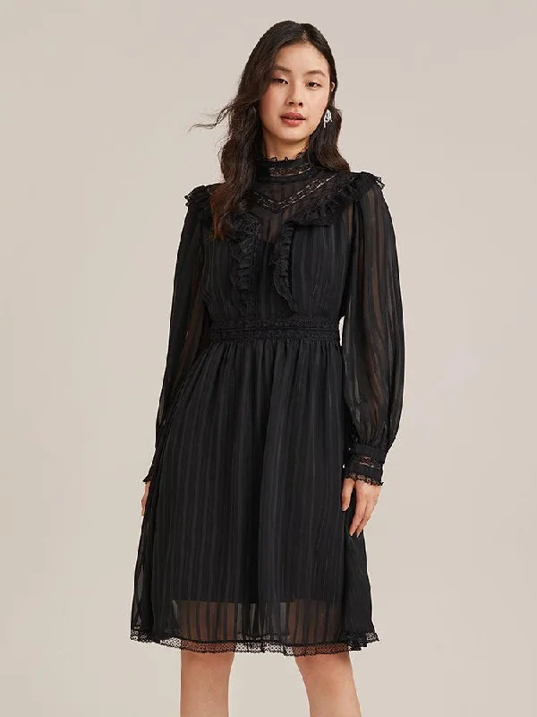 Black Hollow Long-Sleeve Flowy Dress