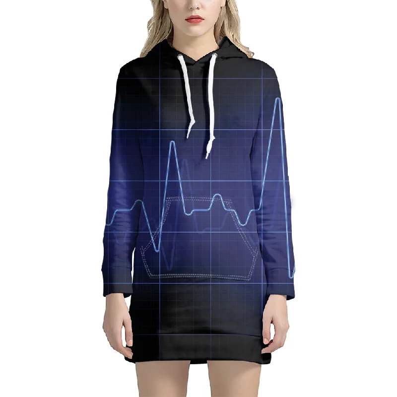 Blue Heartbeat Print Pullover Hoodie Dress