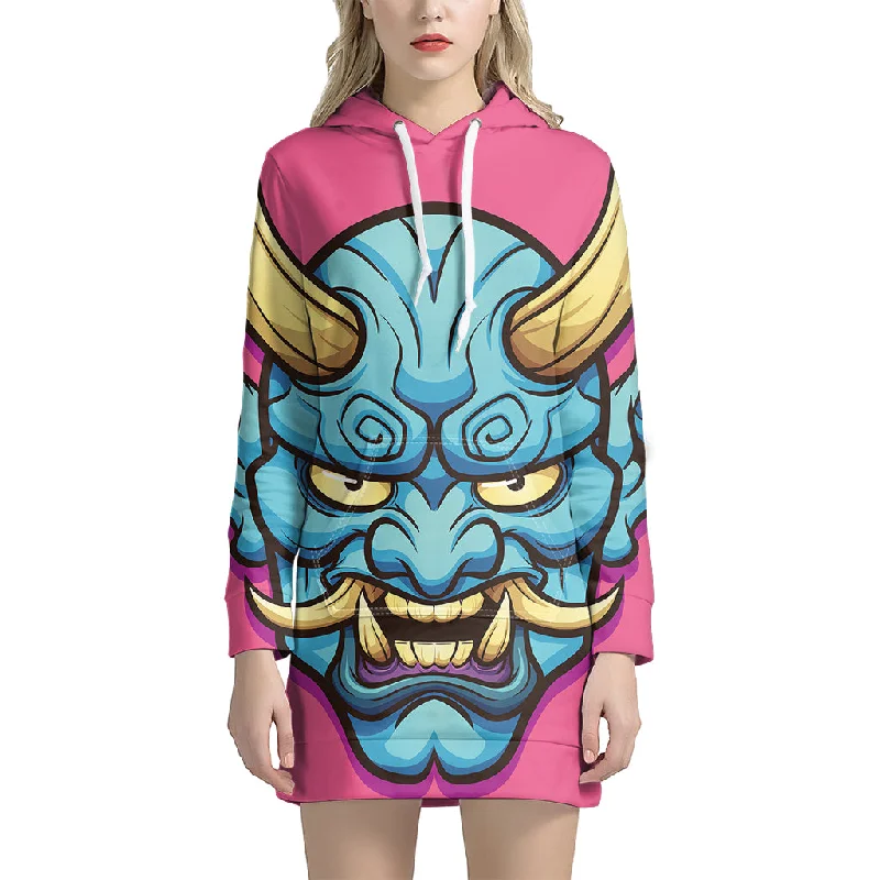 Blue Japanese Demon Print Pullover Hoodie Dress