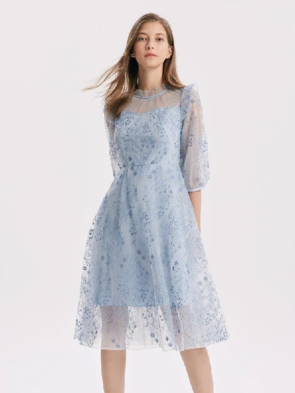 Blue See-Through Mesh Embroidered Dress