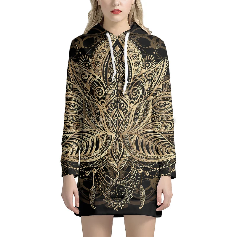 Boho Spiritual Lotus Print Pullover Hoodie Dress