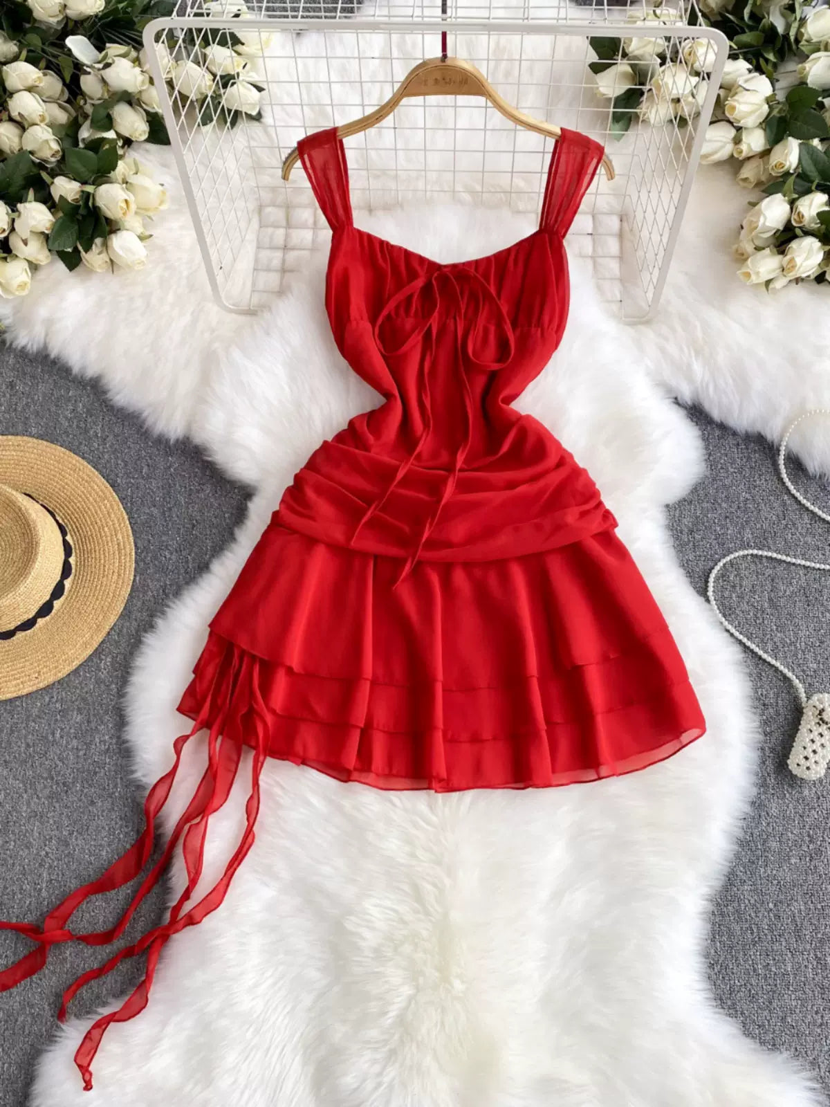 Classic Scarlet Flare with Ruffled Hem Dress