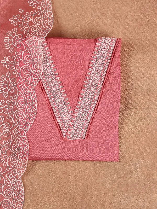 Coral Embroidered Silk Blend Dress Material With Dupatta