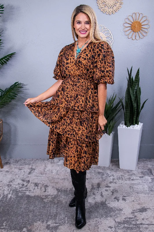 Fierce By Birth Camel/Brown/Black Printed Ruffle dress - D5533CA