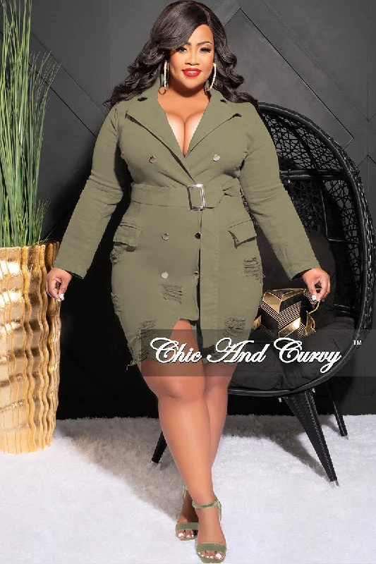 Final Sale Plus Size Collar Button Up Distress Dress in Olive