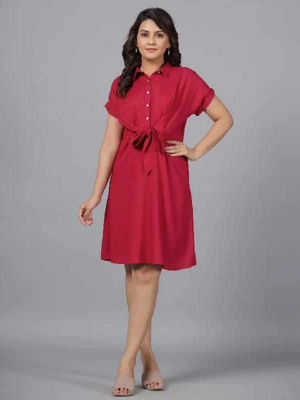 Jashvi Fuchsia Solid Rayon A-Line Short Fusion Dress With Front Tie-Up