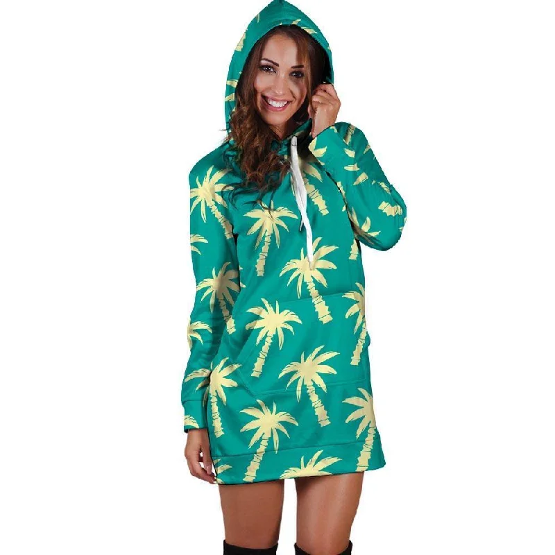 Green Palm Tree Hawaiin Print Hoodie Dress