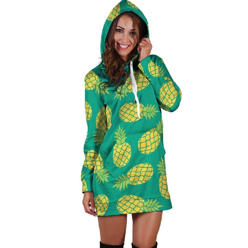 Green Pineapple Print Hoodie Dress