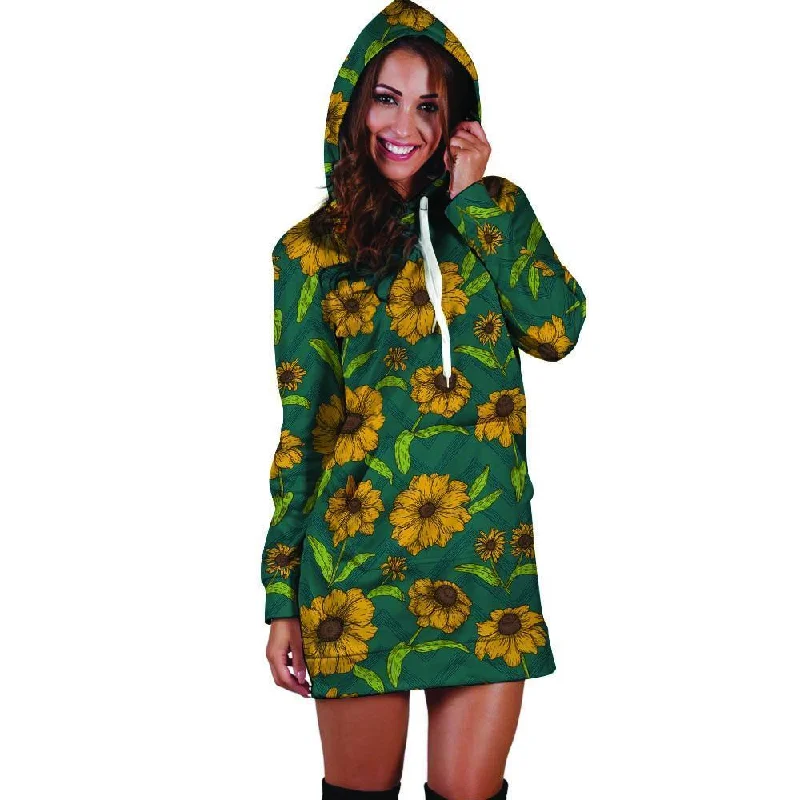 Green Zigzag Sunflower Hoodie Dress
