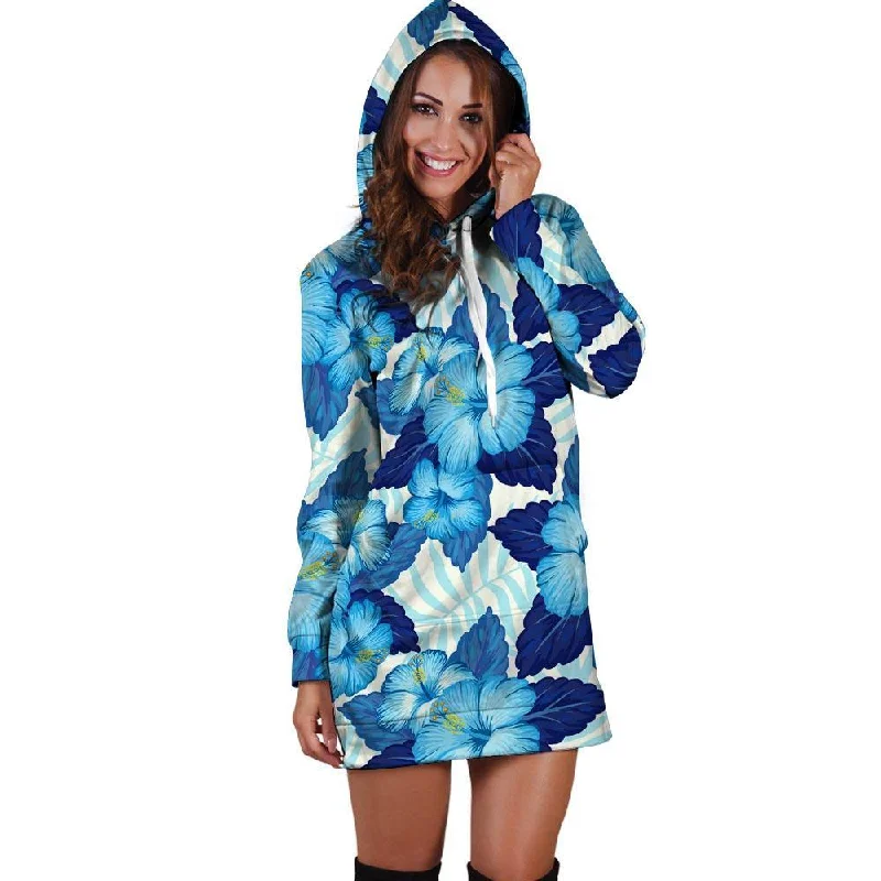 Hibiscus Blue Hawaiian Print Hoodie Dress
