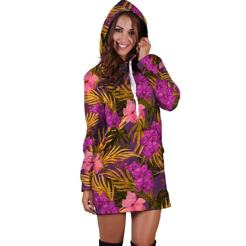Hibiscus Watercolor Flower Hawaiian Print Hoodie Dress