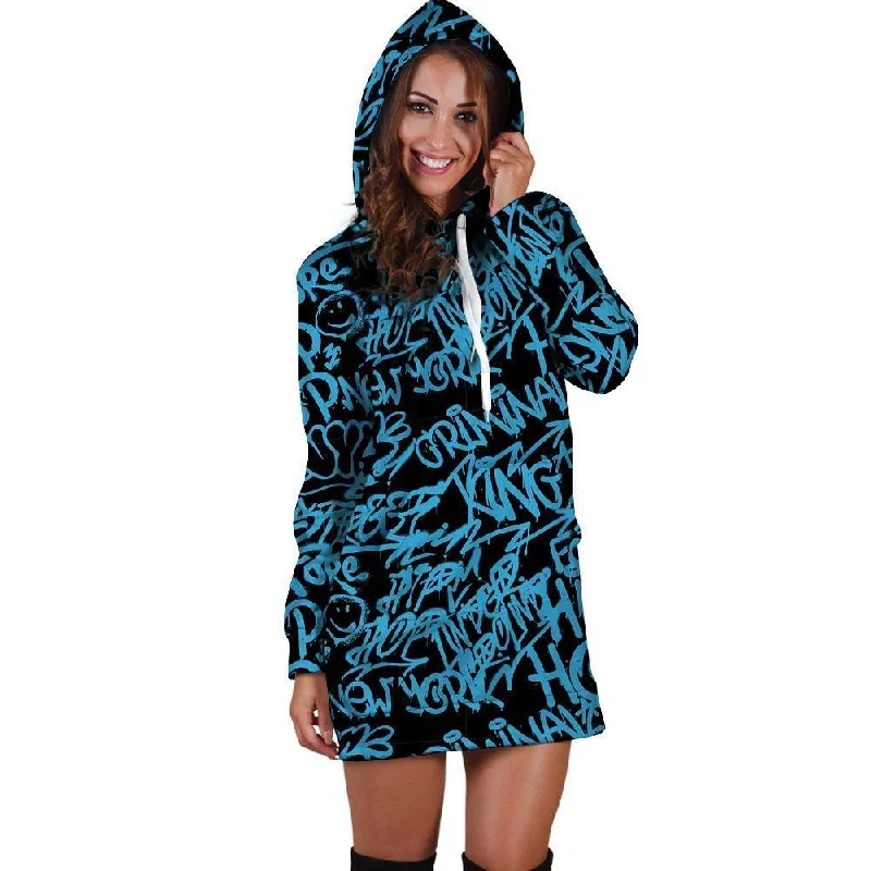 Hiphop Graffiti Blue Text Print Hoodie Dress