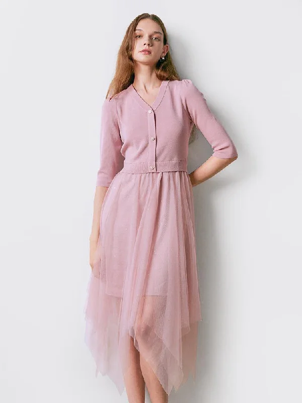 Pink V-neck Slim Patchwork Dress