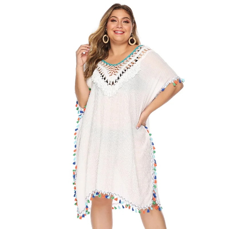 Plus Size Plus Size Women Clothing Irregular Asymmetric Hand Crocheting Stitching Multicolored Tassel Deep V Plunge Plunge Sexy Loose Beach Cover-up Backless Dress