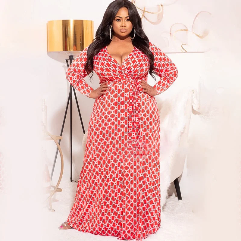 Plus Size Printing Deep V-neck Slim-Fit Long with Belt  Women Dress