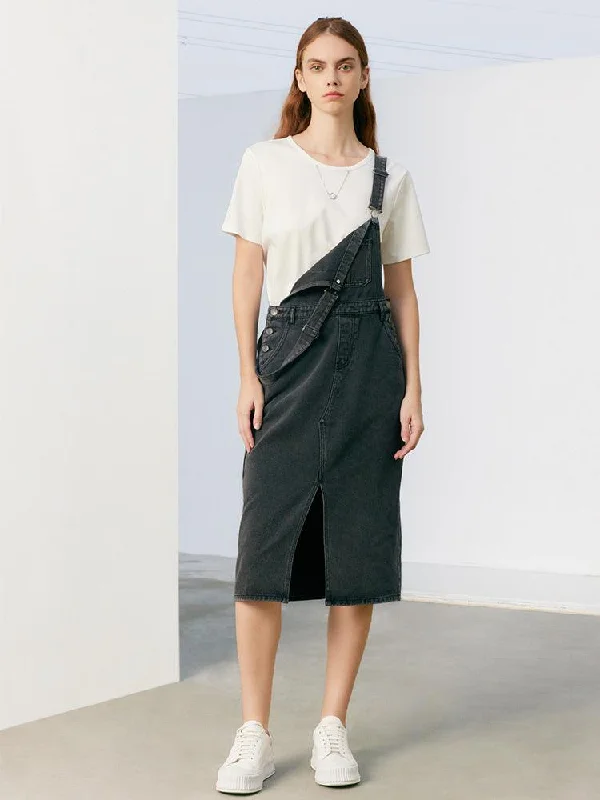 Slit Denim Pinafore Dress
