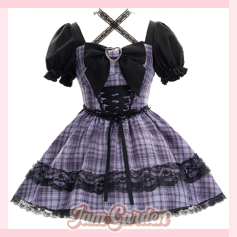 Sweet waist dress with puff sleeves and bow