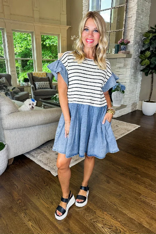 Textured Stripe Top Contrast Chambray Dress