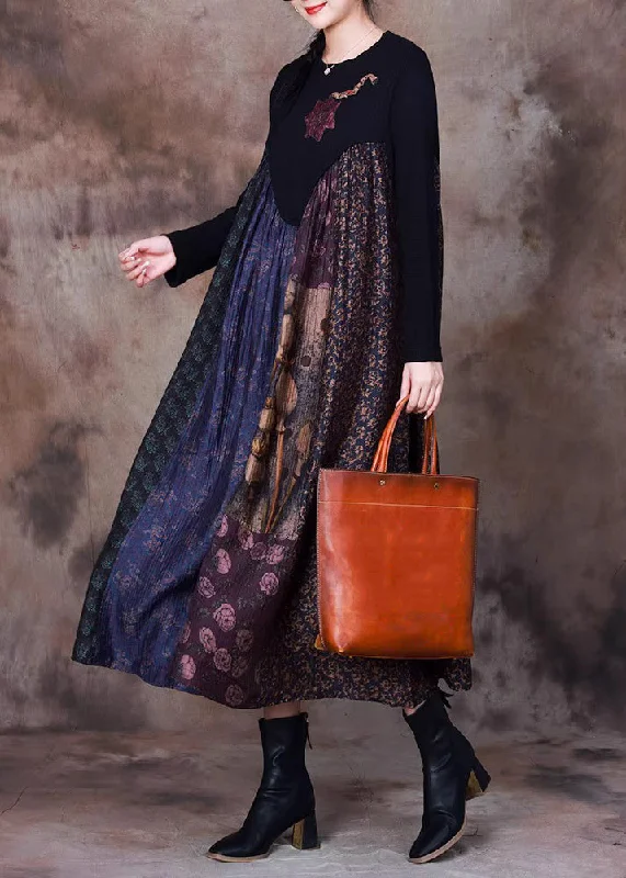 Vintage Blue Print Knit Patchwork Long Dress Winter