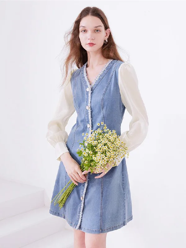 White&Blue Double-Breasted Long-Sleeve Tweed Jeans Dress