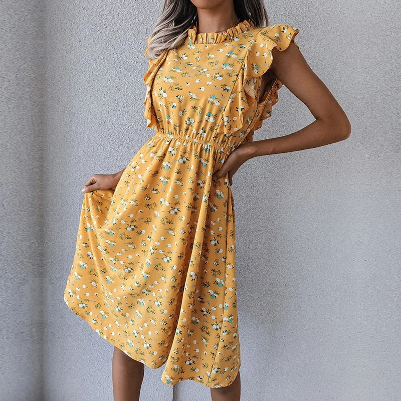 Amy Fashion - New Butterfly Sleeve Ruffles Medium Long Dress