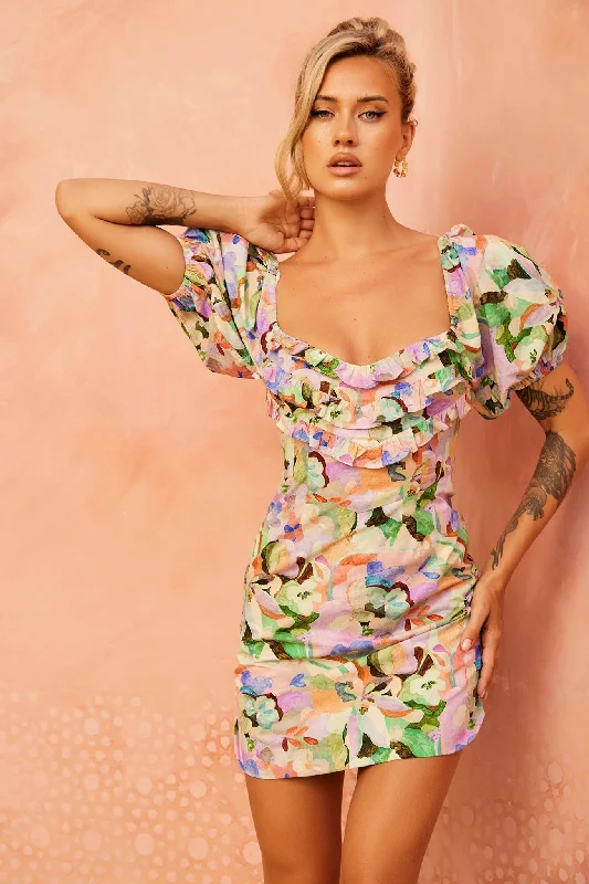 Alora Mini Dress - Green Multi Fashionable Pleated Mini Dress