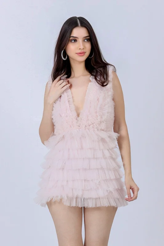 Angel Powder Pink Tulle Mini Dress Comfortable Smocked Mini Dress