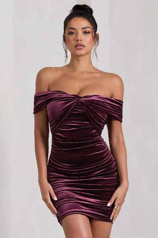 Appreciate | Port Velvet Twisted Bardot Ruched Mini Dress Trendy Mesh Mini Dress