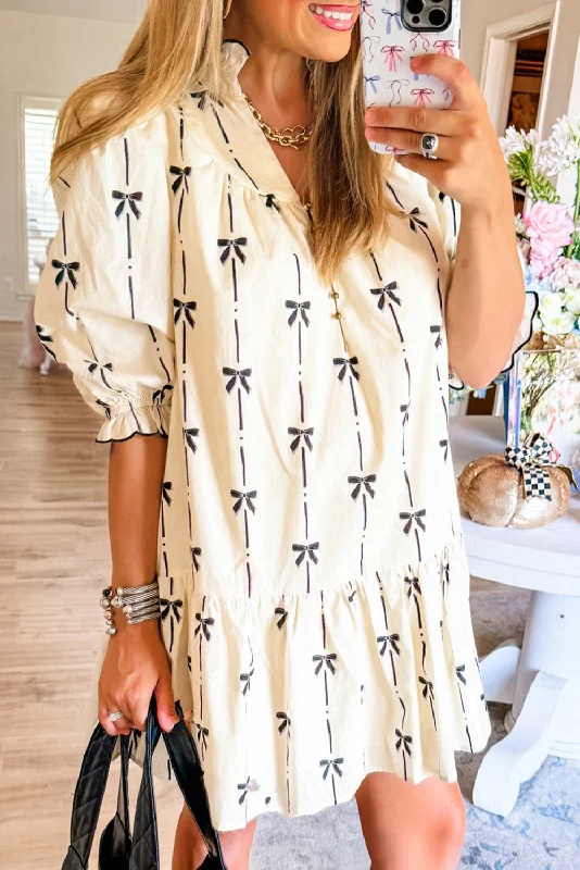 Beige Cute Bowknot Printed Bubble Sleeve V Neck Mini Dress Comfortable Smocked Mini Dress