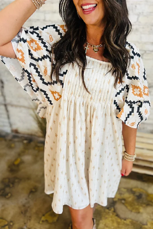 Beige Western Aztec Print Pleated Square Neck Loose Mini Dress Classic Floral Print Mini Dress