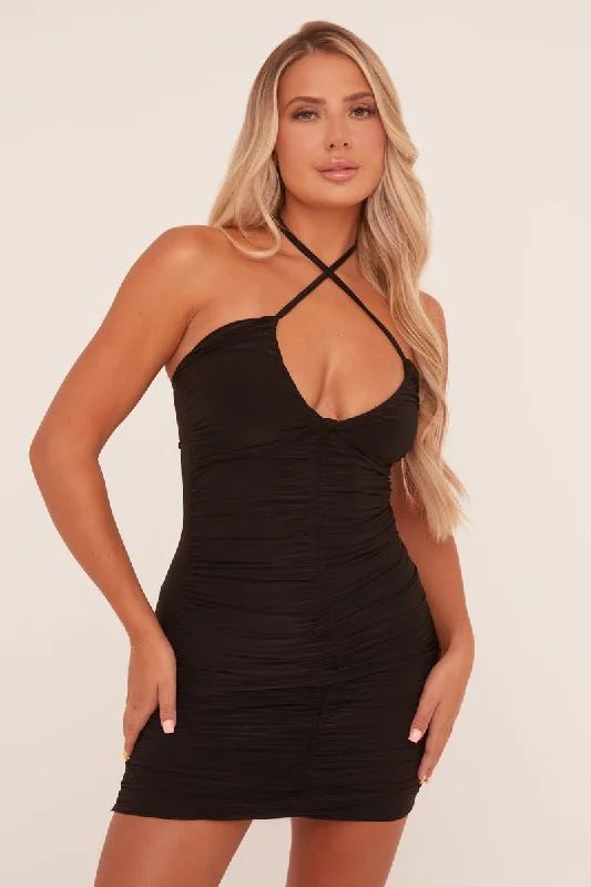 Black Bandeau Ruched Tie Detail Bodycon Mini Dress - Damian Trendy Mesh Mini Dress