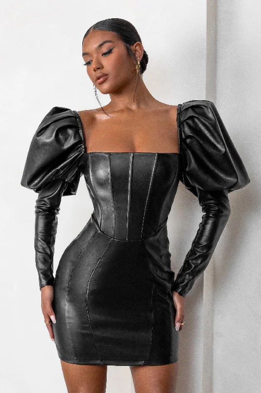 Karyme | Black Faux Leather Puff Sleeve Mini Dress With Corset Detail Classic Black Mini Dress