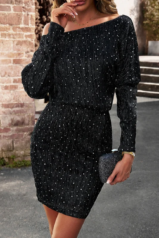 Black Sequin Long Sleeve Slim Fit Party Mini Dress Chic Halter Mini Dress