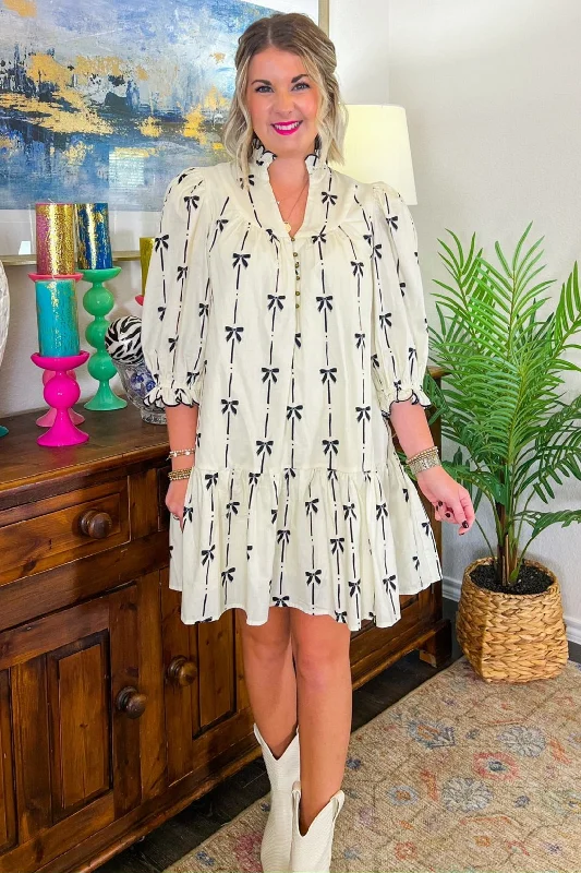 Bow-tiful Mini Dress - Natural Fashionable Polka Dot Mini Dress