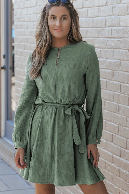 Button Neck Belted Pleated Mini Dress Classic Striped Mini Dress