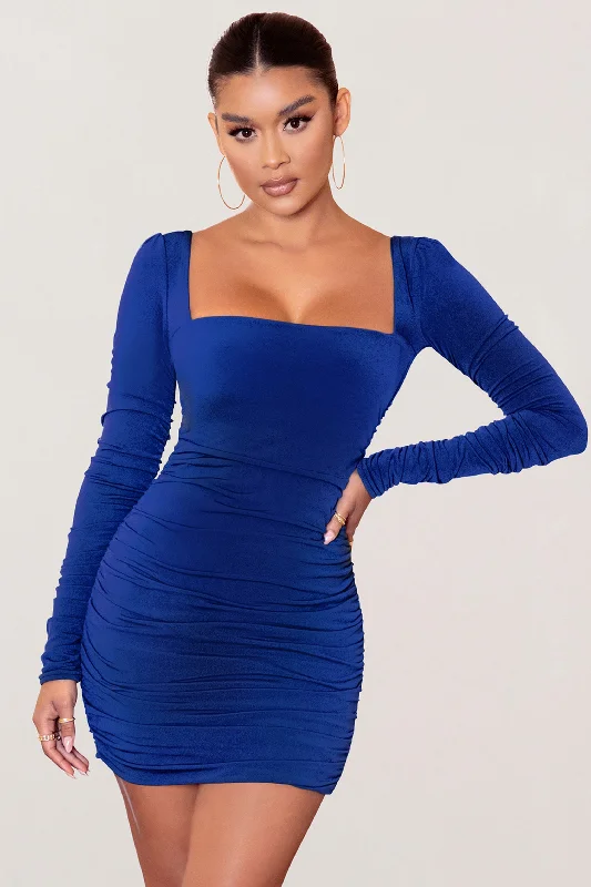 Muse | Royal Blue Long Sleeve Square Neck Ruched Mini Dress Cozy A-Line Mini Dress