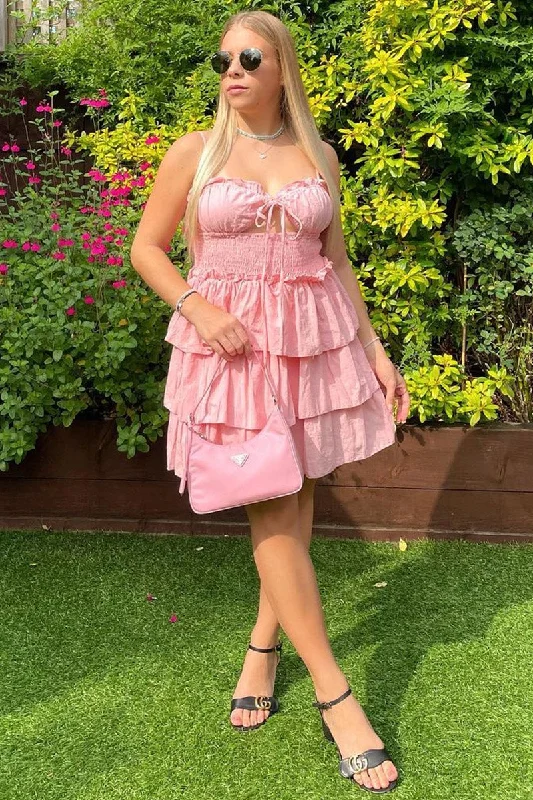 Pink Frill Detail Tiered Cut Out Mini Dress - Daneen Stylish Floral Print Mini Dress