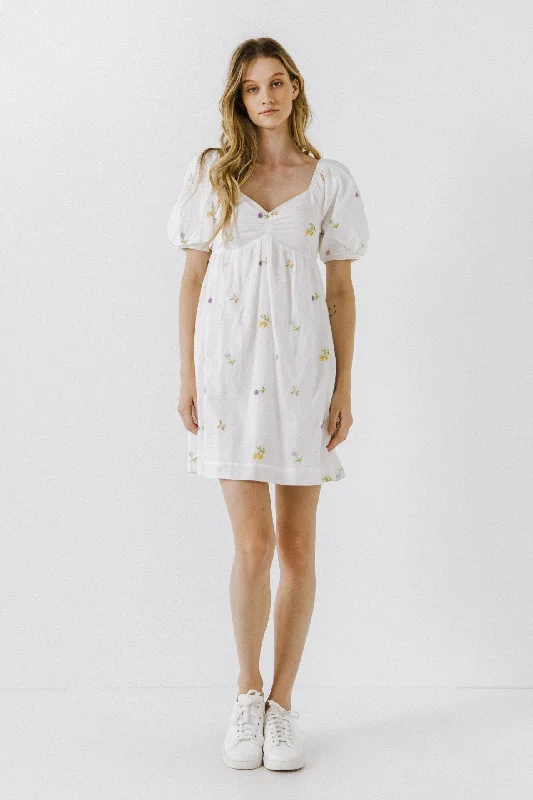 English Factory - Embroidery Babydoll Mini Dress Elegant Floral-Print Mini Dress