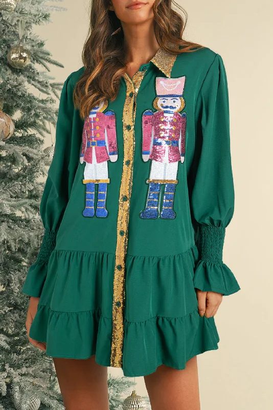 Evergreen Christmas Sequin Nutcracker Collared Shirt Ruffled Long Sleeve Mini Dress Cozy Sweater Mini Dress Evergreen Christmas Sequin Nutcracker Collared Shirt Ruffled Long Sleeve Mini Dress Cozy Sweater Mini Dress