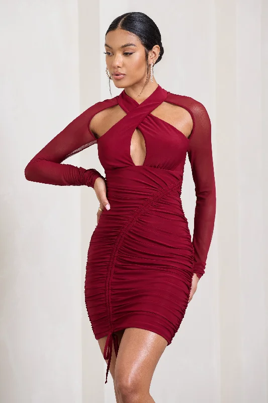 Eyes On You | Berry Long Sleeve Halter Neck Mini Dress Chic Mini Dress with V-Neck