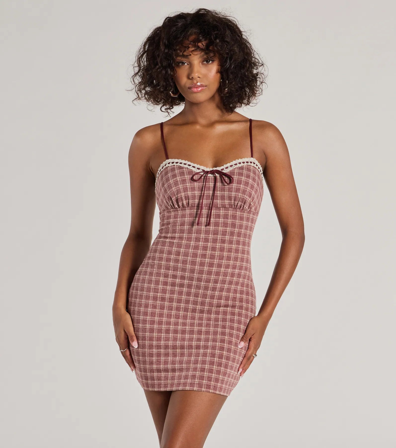Flirty Silhouette Lace Trim Plaid Mini Dress Elegant Lace Mini Dress