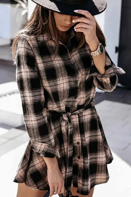Long Sleeve Plaid Shirt Mini Dress Elegant Lace-Up Mini Dress